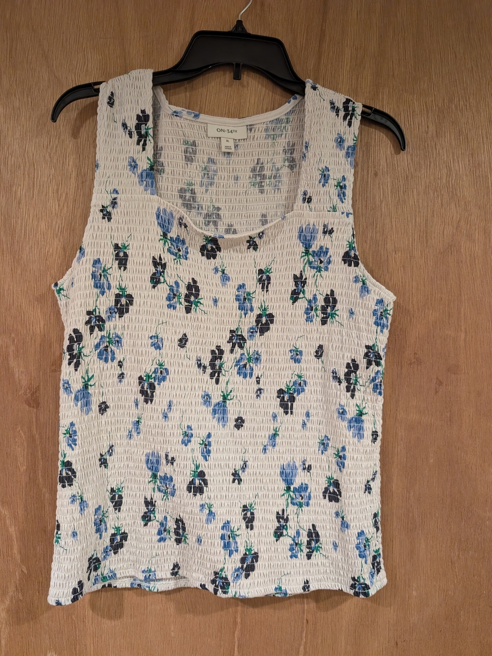 White Smocked Tank Top with Blue and Black Floral Print
